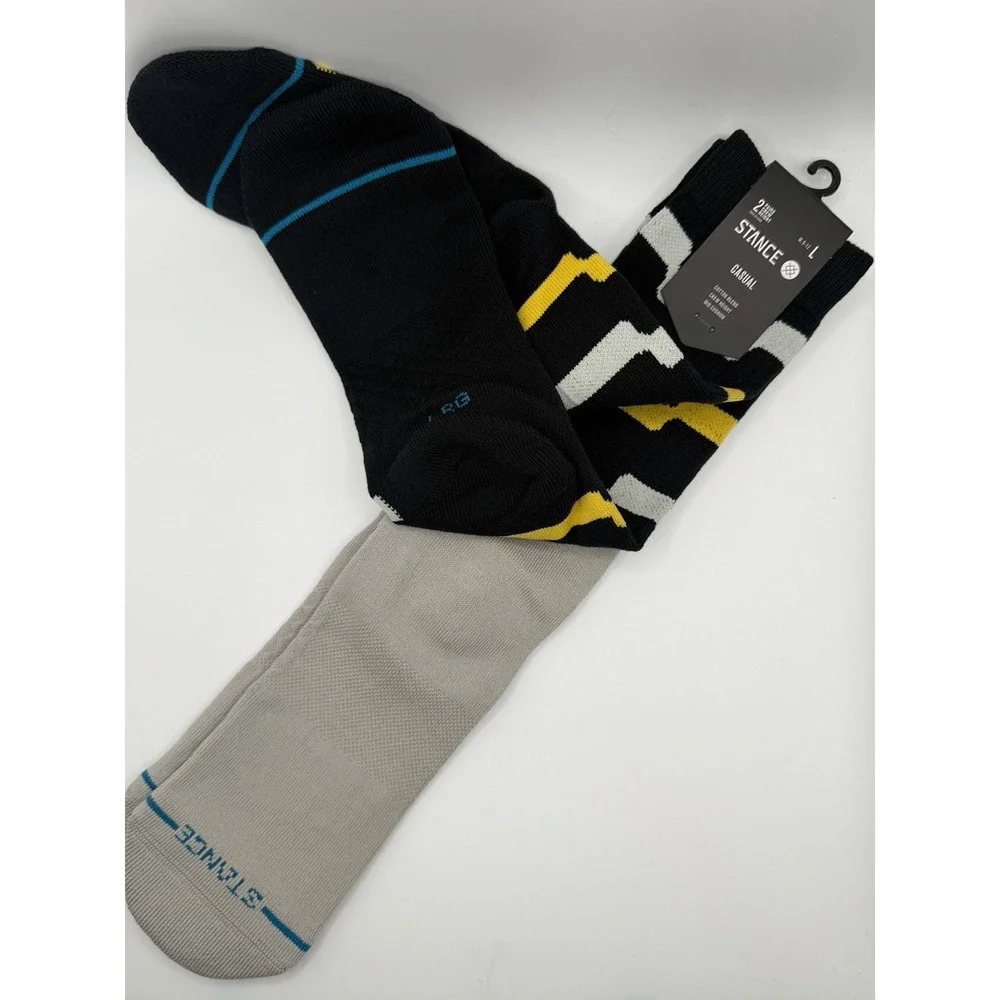 Stance Casual 2 Pack Crew Socks Black Yellow Grey Striped Mens L NWT AS56D2SWAP